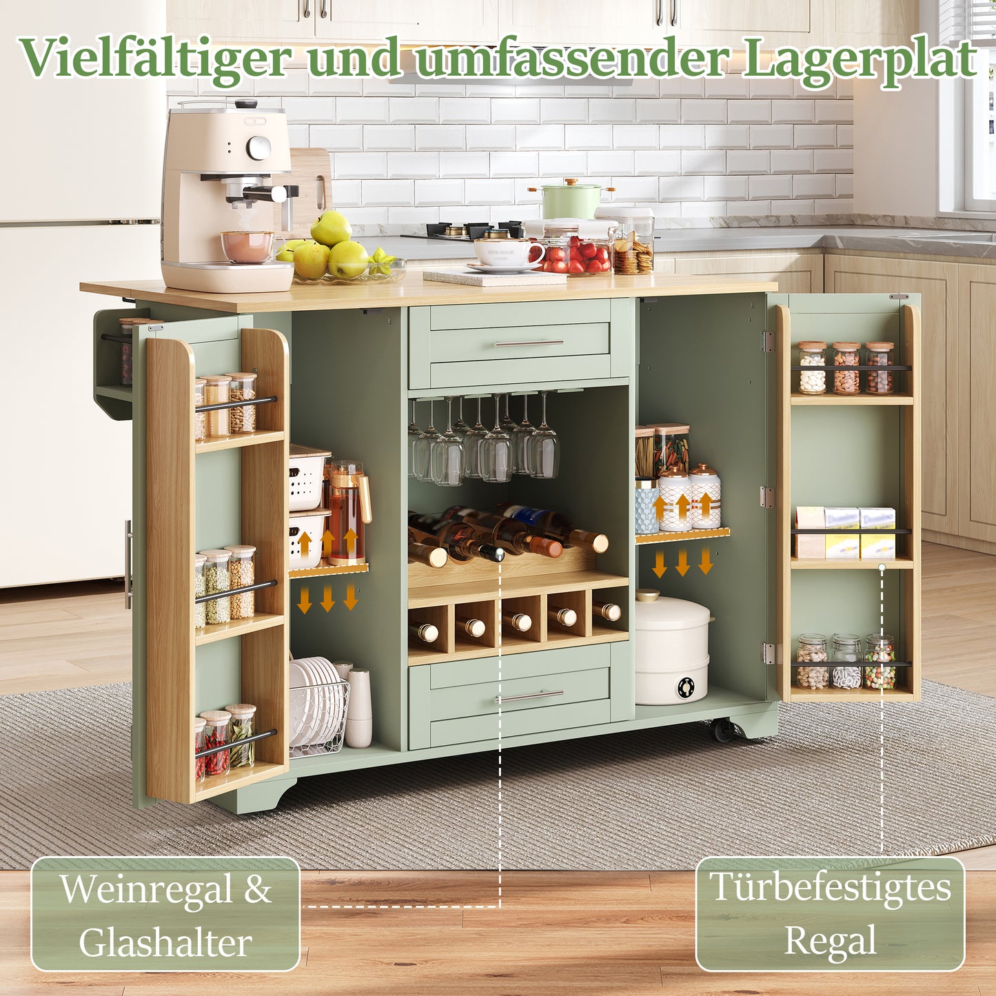 Kitchen Trolley With Folding Worktop, Kitchen Island On Wheels With Wine Rack, Glass Holder, Spice Rack & Towel Rack, 120x45 70x92cm, Green  Multifunctional Serving Trolley With Storage