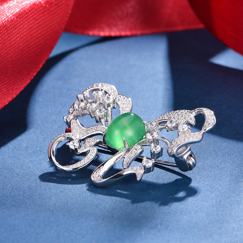 S925 Sterling Silver Butterfly Brooch, 8x10mm Green Chrysoprase Cabochon, Platinum Plated 6.7g, Elegant Women's Brooch Pin With Gift Box