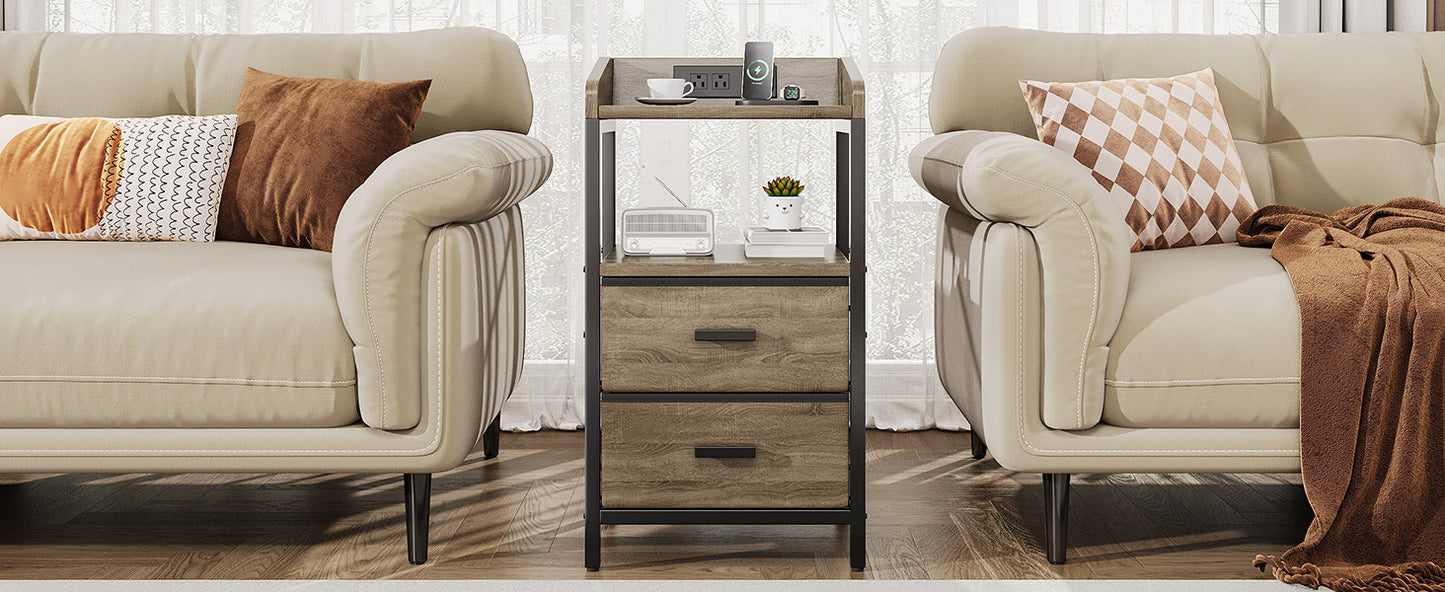Nightstand With Charging Station Modern Bedside End Side Table With Guardrail Storage Shelf 2 Fabric Drawers USB Ports AC Outlets