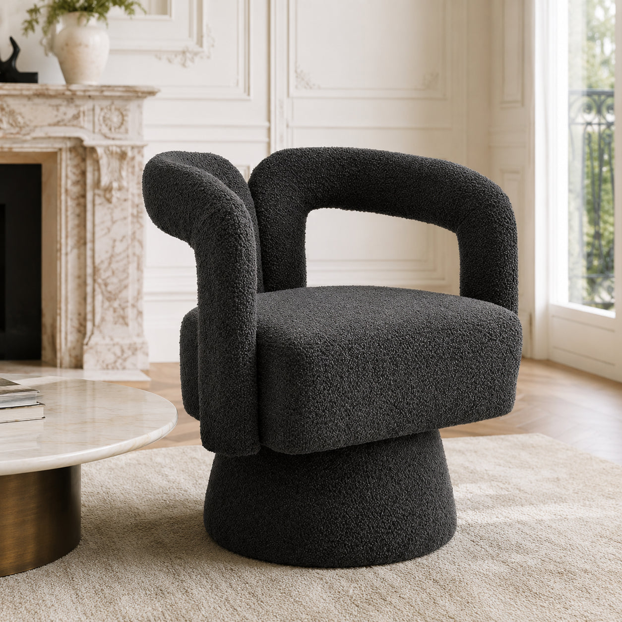 360 Degree Swivel Snuggle Barrel Accent Chairs, Round Armchairs With Wide Upholstery, Fluffy Fabric Armchair For Living Room, Bedroom, Office, Waiting Rooms, Dark Grey