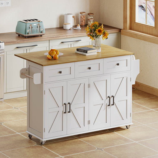 Kitchen Island With Folding Worktop, Equipped With 5 Lockable Castors, 4 Doors, 3 Drawers, Door Shelf, Double-sided Towel Rails, Barn Style Design, White, 140x43 X90.5 Cm.