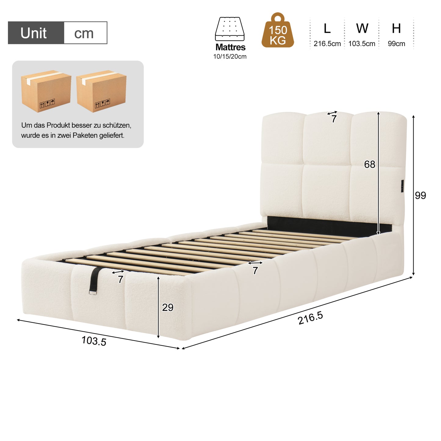 Upholstered Bed, Single Bed, Cot 90 X 200cm, Hydraulic Functional Bed, Bed With Slatted Base, Headboard, Large Storage Space And USB Charging Port, Upholstered Headboard, Boucle, Beige