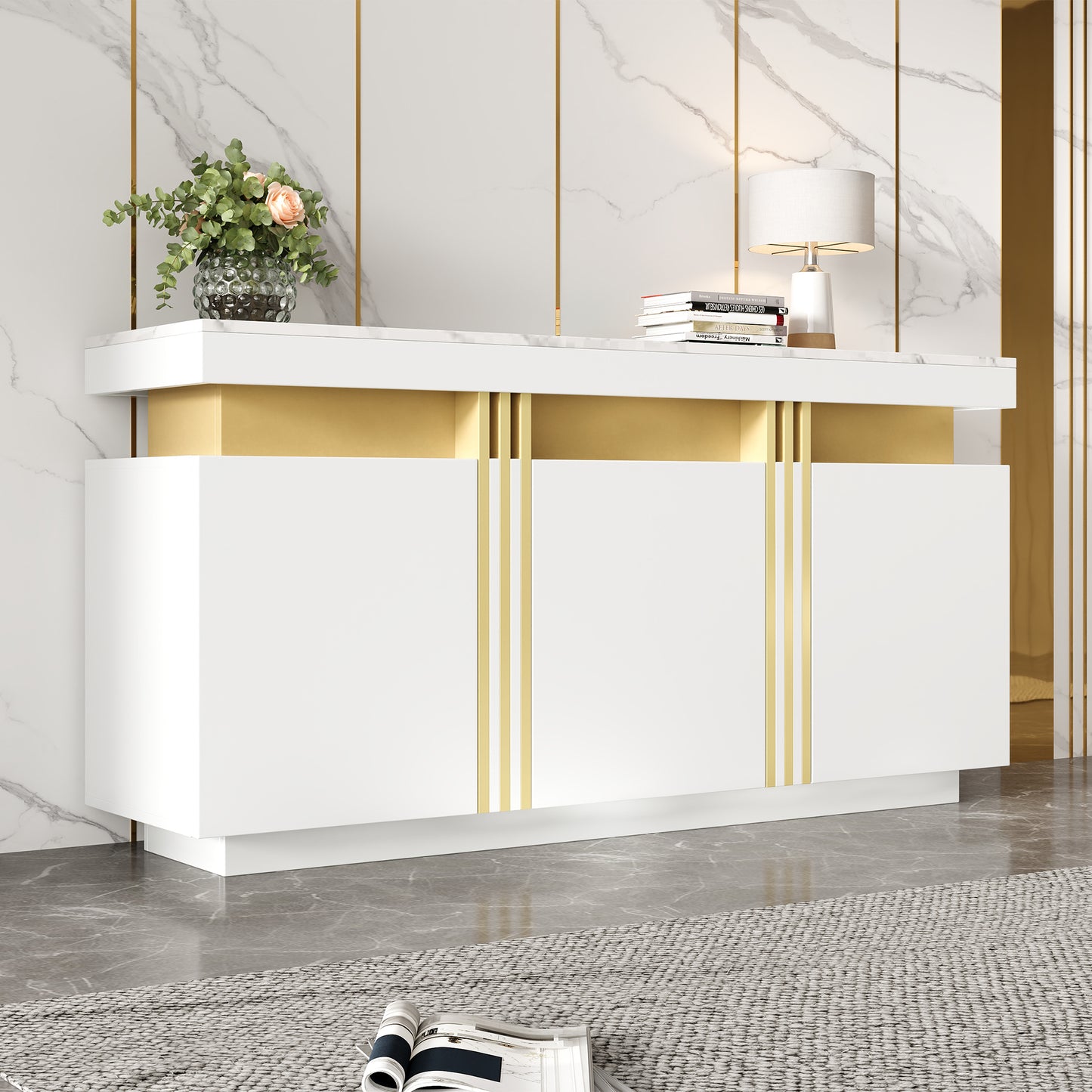Modern White & Gold Buffet Cabinet, 55'' Sideboard With Faux Marble Top, Luxury Storage Credenza With 3 Doors & Adjustable Shelves For Kitchen, Dining Room, Living Room, Entryway