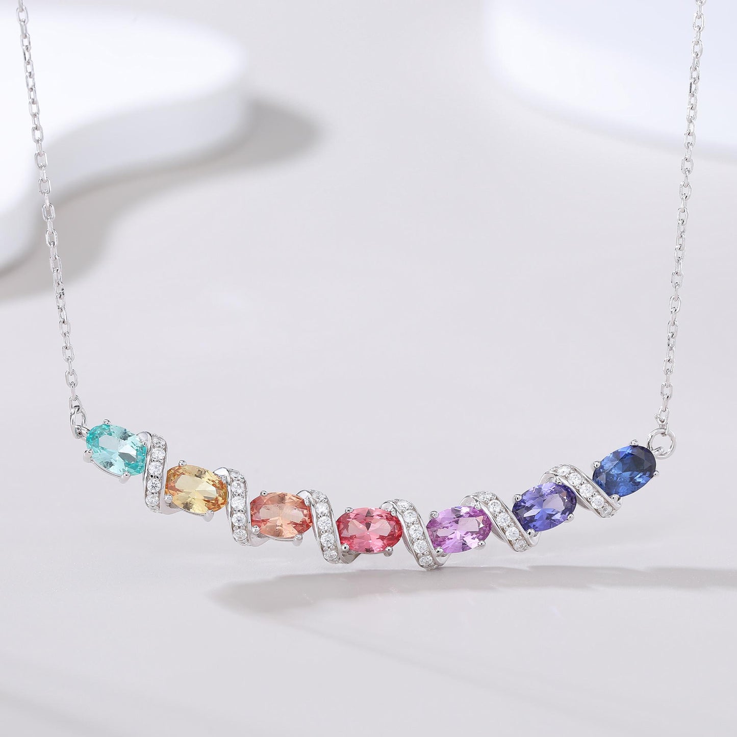 S925 Sterling Silver Rainbow Lab-Grown Gemstone Necklace 45cm Oval Cut With D Color VVS1 Moissanite Platinum Plated GRA Certified Gift Box