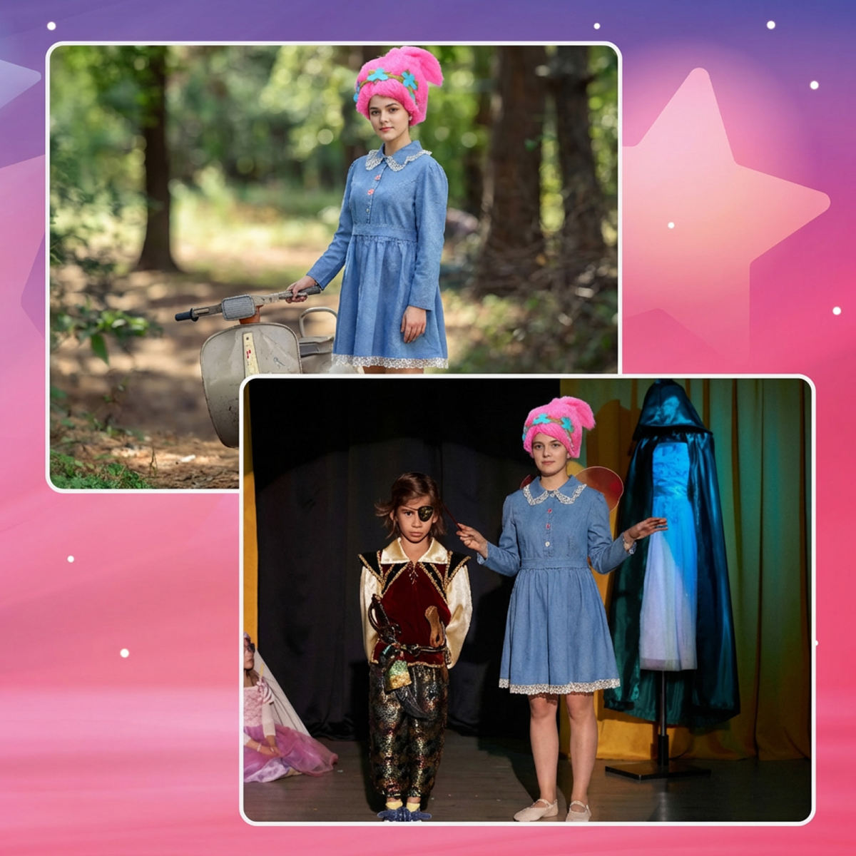 Women's Troll Costume Set With Wig And Bag, Colorful Troll Costume For Women, Playful Halloween Costume With Troll Emblem Party Accessory Set