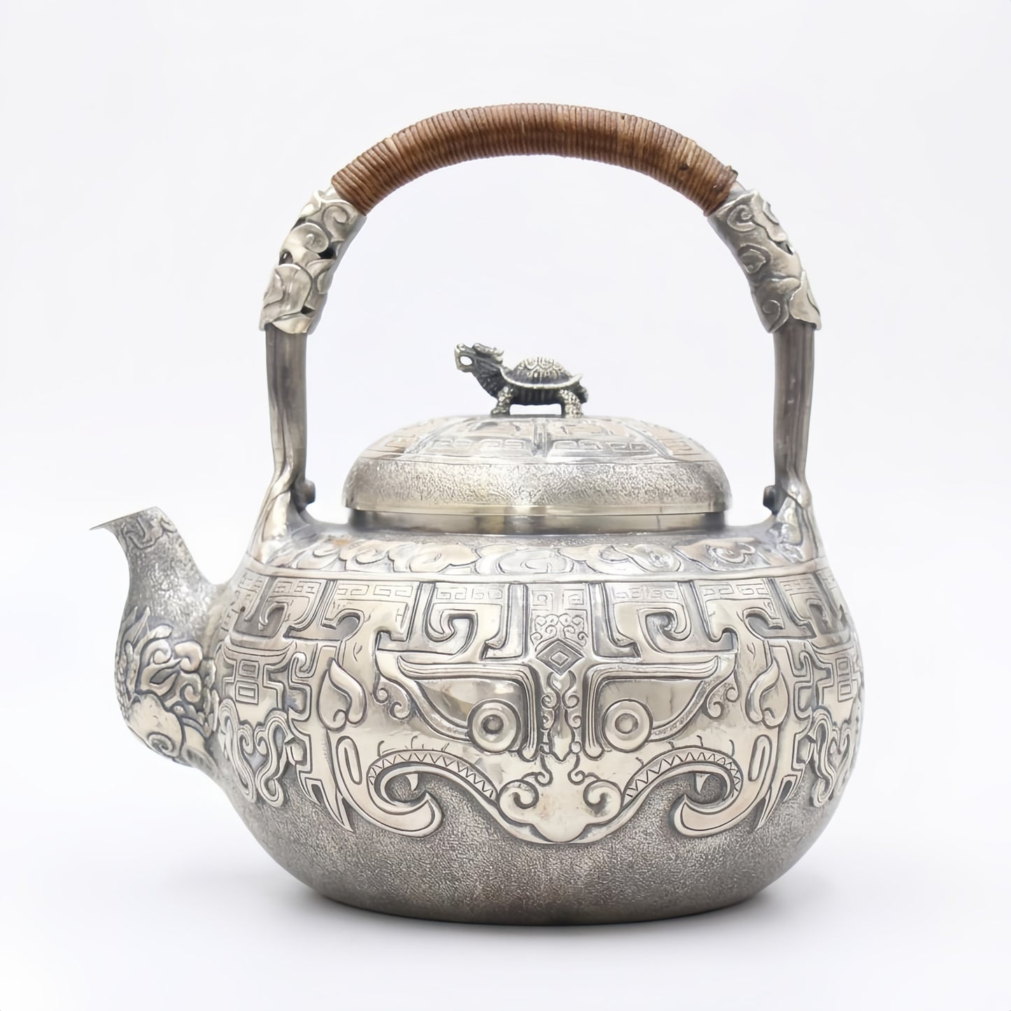 Pure 999 Fine Silver Ornate Handcrafted Silver Tea Kettle Featuring Mythical Dragon Turtle and Traditional Taotie Motifs - Handicraft