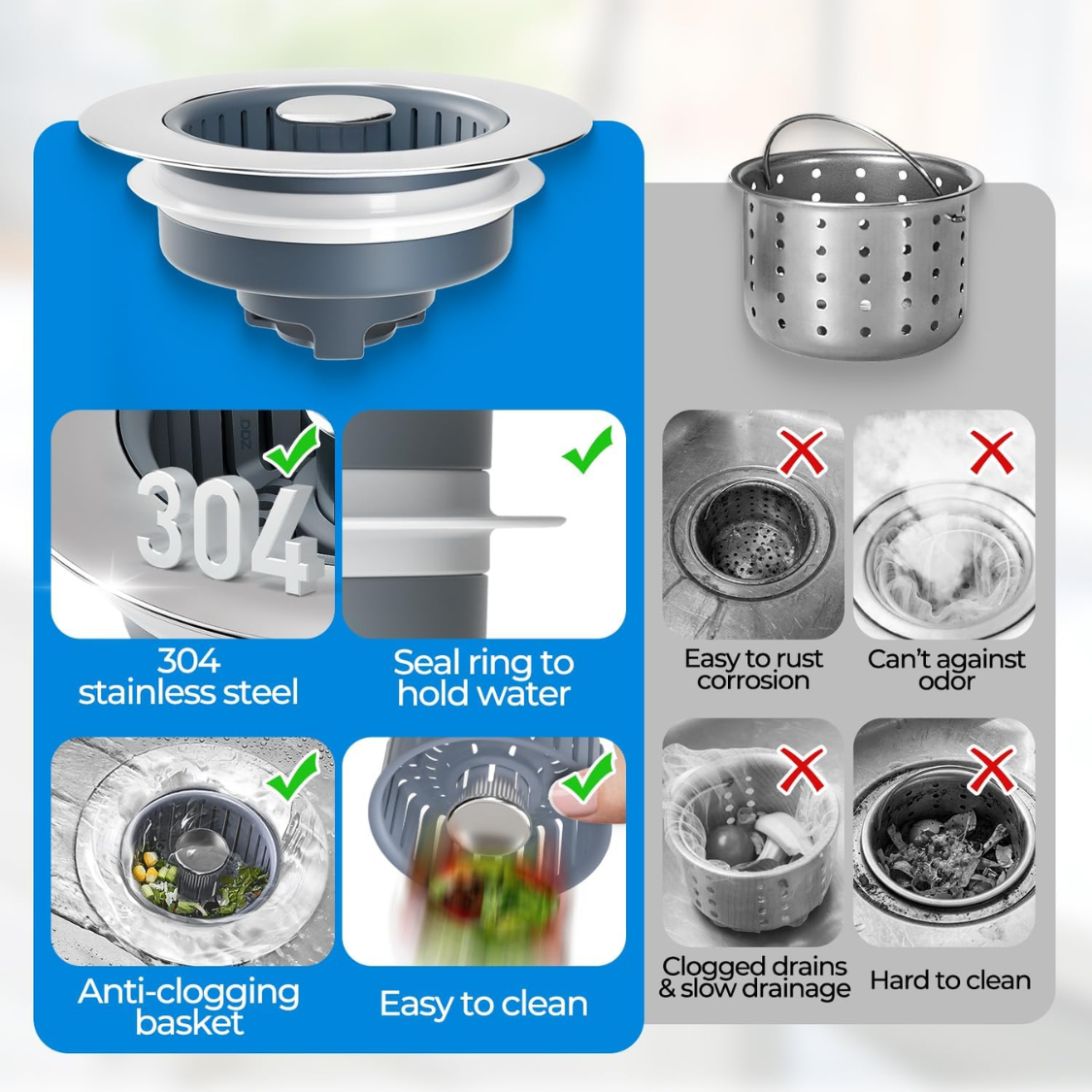 Sink Drain Strainer  Sink Stopper Kitchen Drain, 3 In 1 Kitchen Sink Drain Strainer With Anti Clogging Basket Kitchen Gadgets Clearance Sink Accessories, Fit US Standard 3-1 2'' Sink Hole, Silver