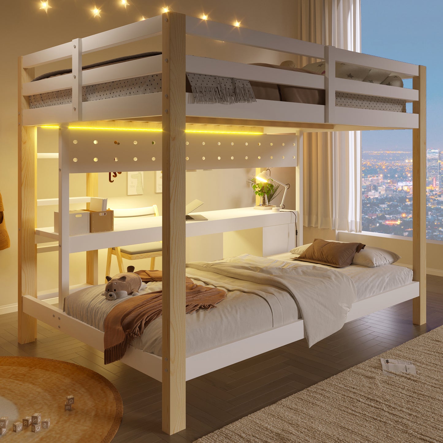 Loft Bed, 90x200 Cm And 140x200 Cm, Pinewood, With Drawers And Desk, Equipped With Perforated Plate Hanging Device, Including LED Light Strip, Without Mattress