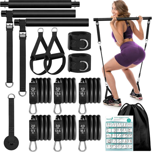Pilates Bar Kit With 6 Resistance Bands Home Gym Fitness Training Workout Set