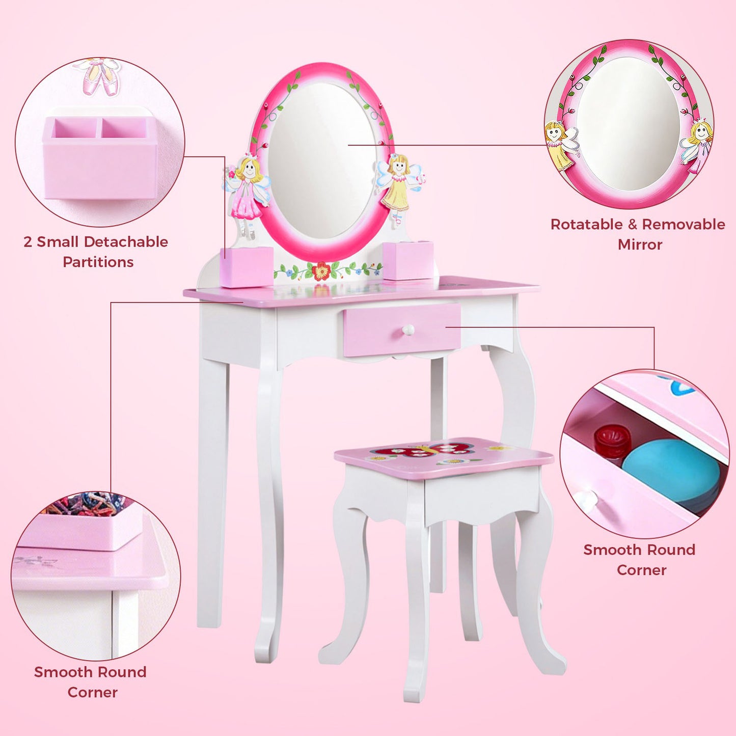 Kids Vanity Set Floral Printed Wooden Makeup Dressing Princess Table With Mirror And Stool For Role Playing Pink