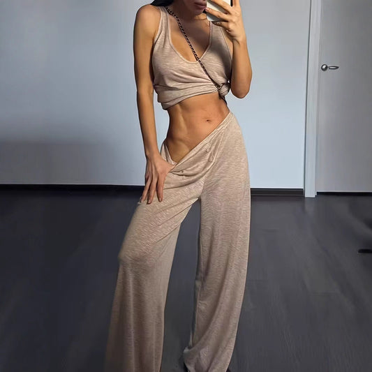 Womens Home Fitness Two-Piece Set Tank Top And Wide-Leg Pants