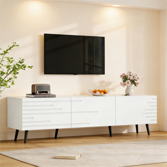180 X 40 X 48 Cm TV Cabinet With 3 Hinged Doors, Lowboard, TV Stand, Cabinet, Living Room Cabinet, Printed Design, White, Suitable For TVs Around 80 Inches, Large Storage Space, Made Of MDF Material.