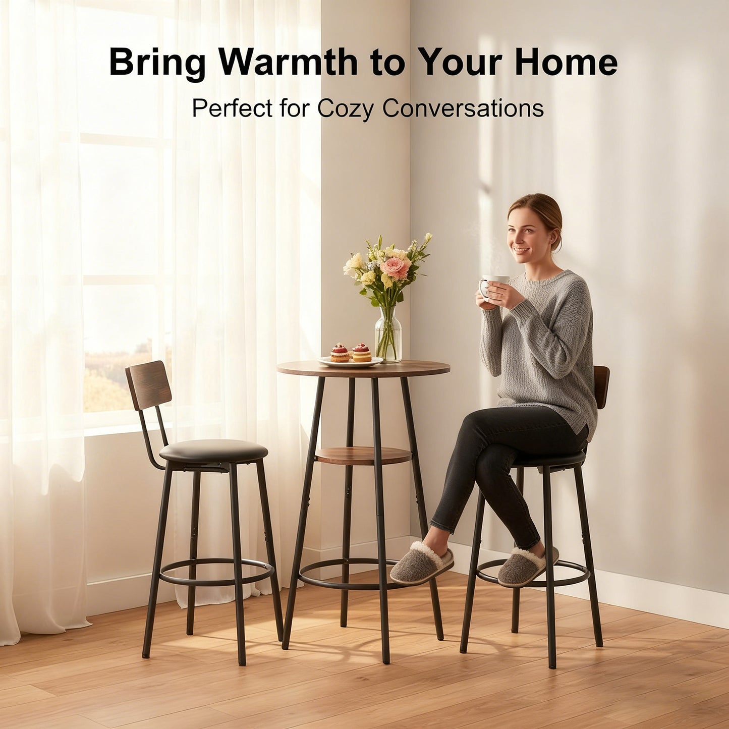 3 Pieces Round Bar Table And Chairs Set, Small Dining Table For 2 With 2-Tier Storage & 2 PU Upholstered Bar Stools For Kitchen, Dining Room, Living Room, Bar, Cafe, Small Space Corner, Rustic Brown