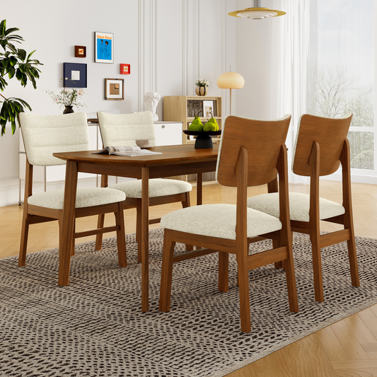 Farmhouse Dining Table Set for 4, Wood Kitchen Table & 4 Upholstered Chairs with Sturdy Rubber Wood Frame, Padded Seat, Curved Backrest, Space-Saving Dinette Set for Dining Room, Brown+Biege