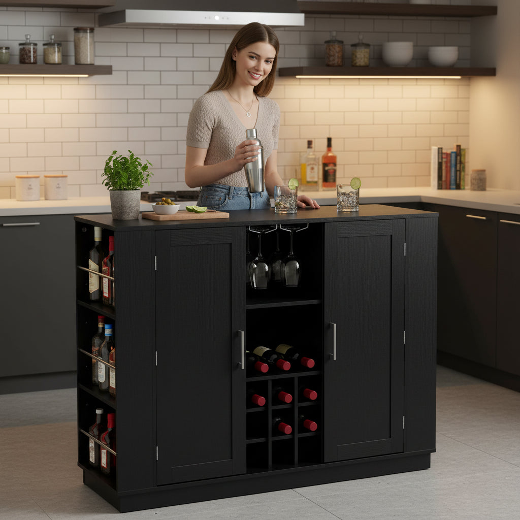 U-Style 47.2  Kitchen Island With Drop Leaf & Power Outlet  Wine Bar Cabinet With Bottle Rack & Glass Holder  Coffee Bar  2- Door Buffet Sideboard With Side Shelves  Melamine MDF