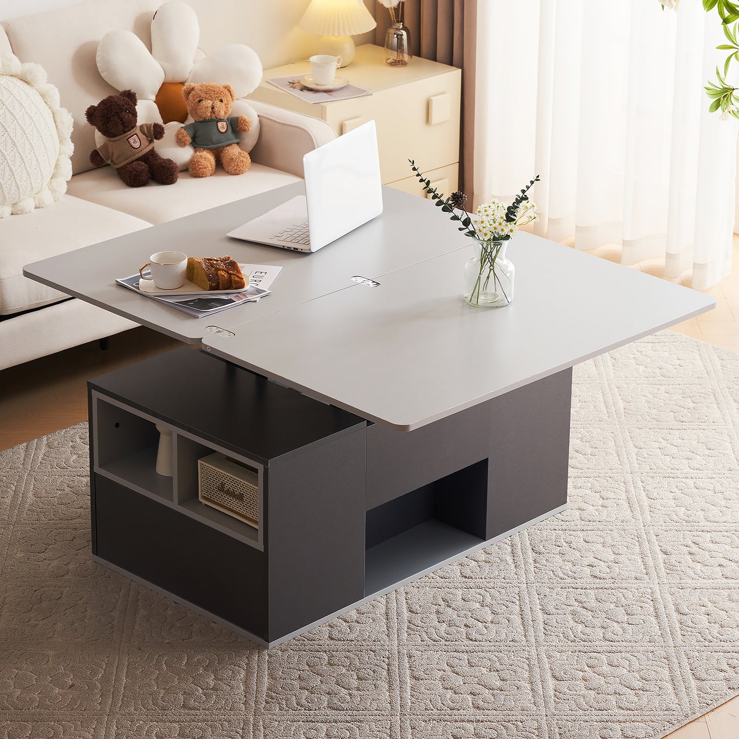 313593594GAAHebable Multifunction Coffee Table - Table Top Opens To 2 Tables, Dark Grey  Light Grey, Large Capacity, Modern Living Room Furniture, Office Dining Table Side Table Multifunction Table