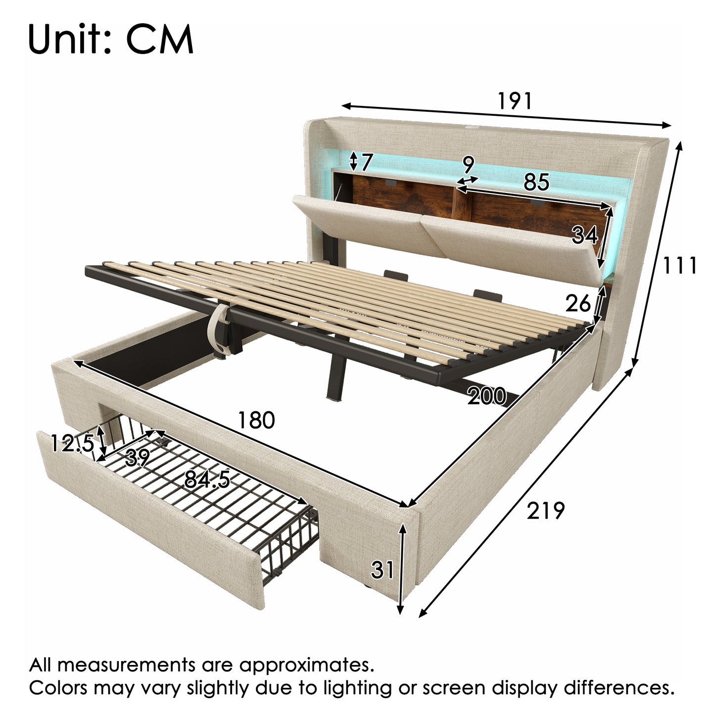 Upholstered Bed 180x200 Cm With Hydraulic Storage And Headboard With Storage Compartment, LED Lighting And USB & USB-C Port, Wooden Slatted Bed Frame, Beige, Linen, Without Mattress