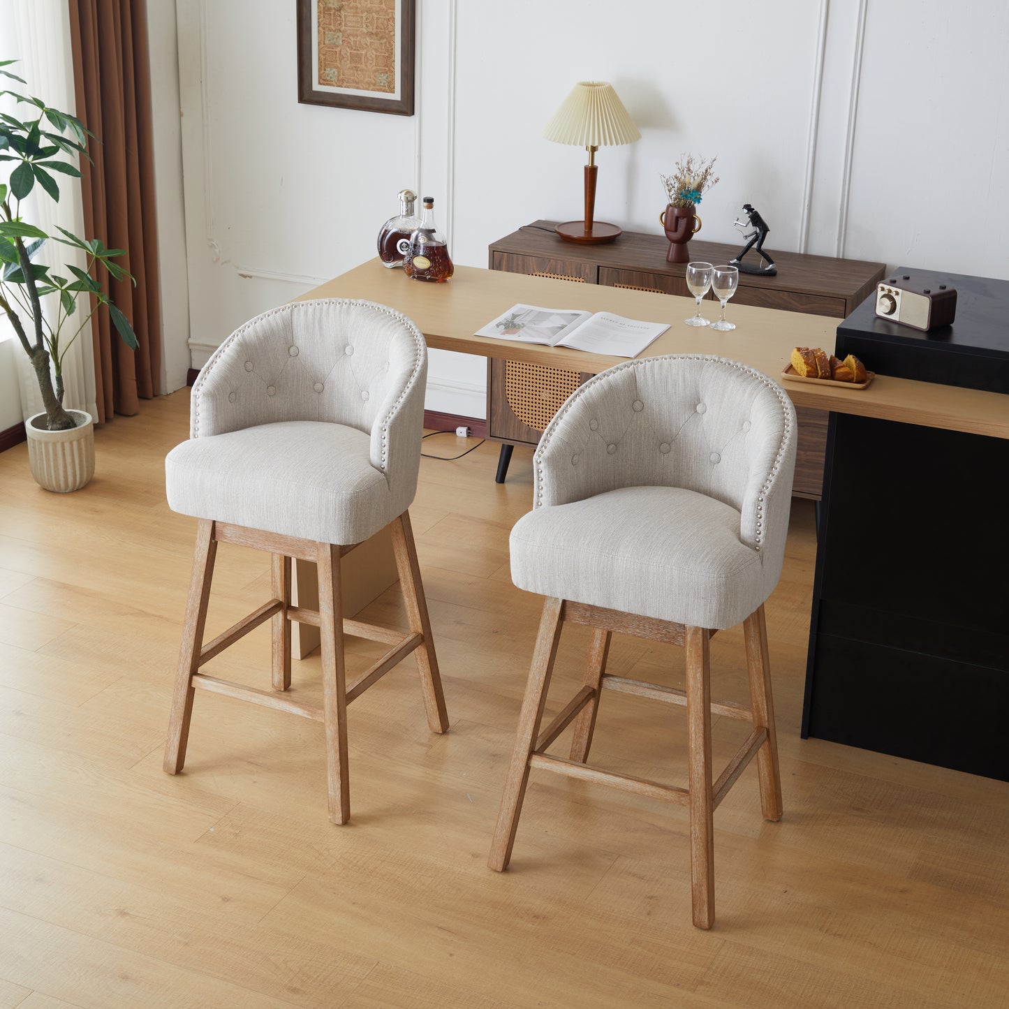 33.25 Swivel Counter Stools Set Of 2, Upholstered Counter Height Bar Stools With Solid Rubber Wood Frame, Backrest, Footrest, Armless Barstools For Home Bar, Kitchen Counter, Natural   Beige