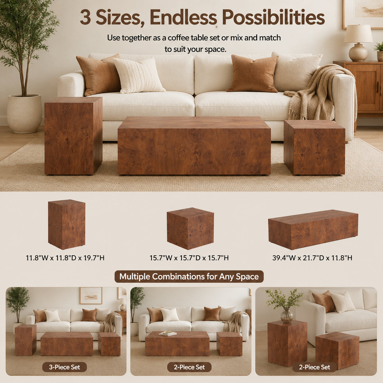 Premium Burl Walnut Veneer MDF Cube Table, Height Adjustable Multi-purpose Coffee Side End Table For Living Room, 11.8 X11.8 X19.7 , No Extra Items Included