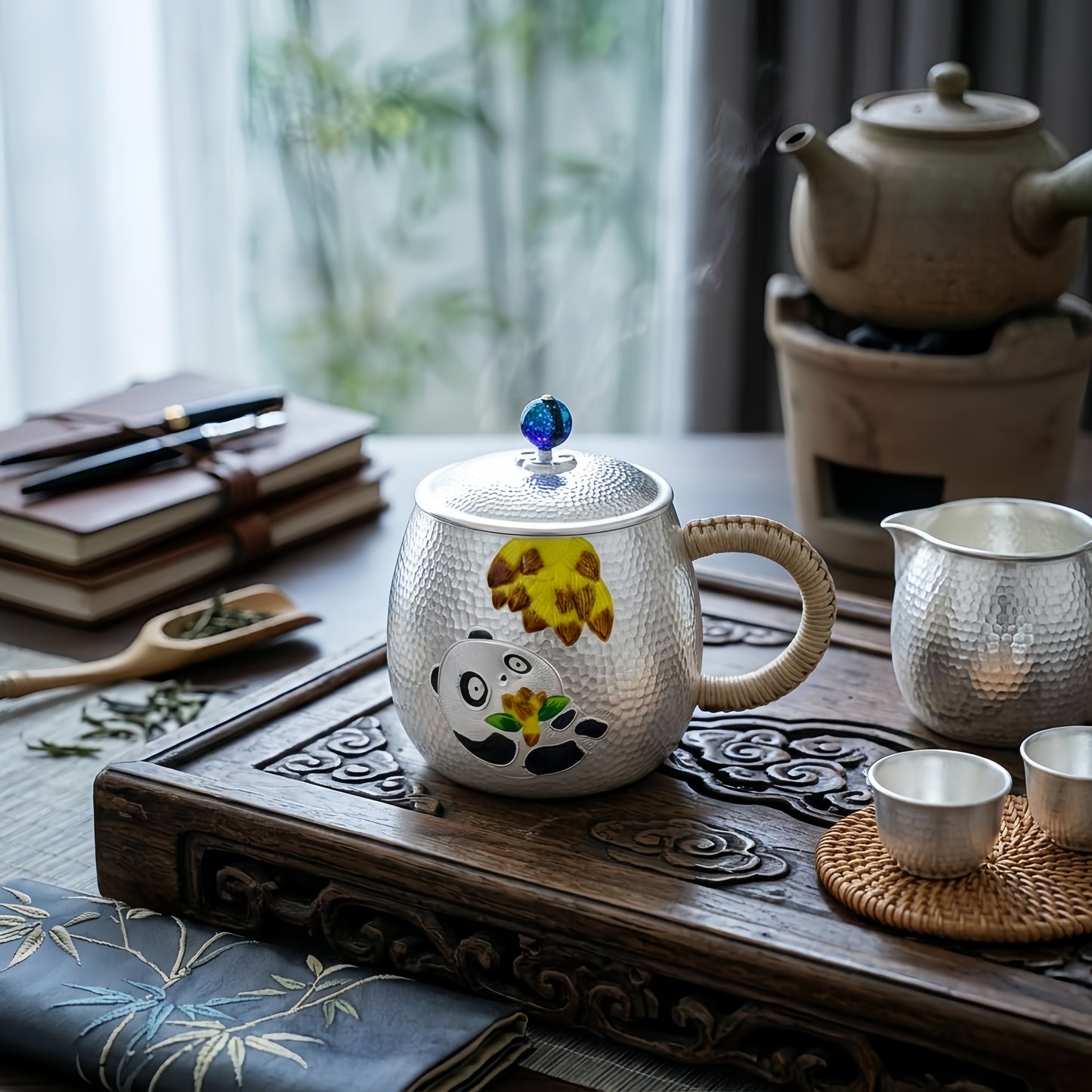 925 Sterling Silver Panda Teapot with Hammered  Finish, Woven Handle, and Cosmic Lid Knob-Premium Tea Mug - Handicraft