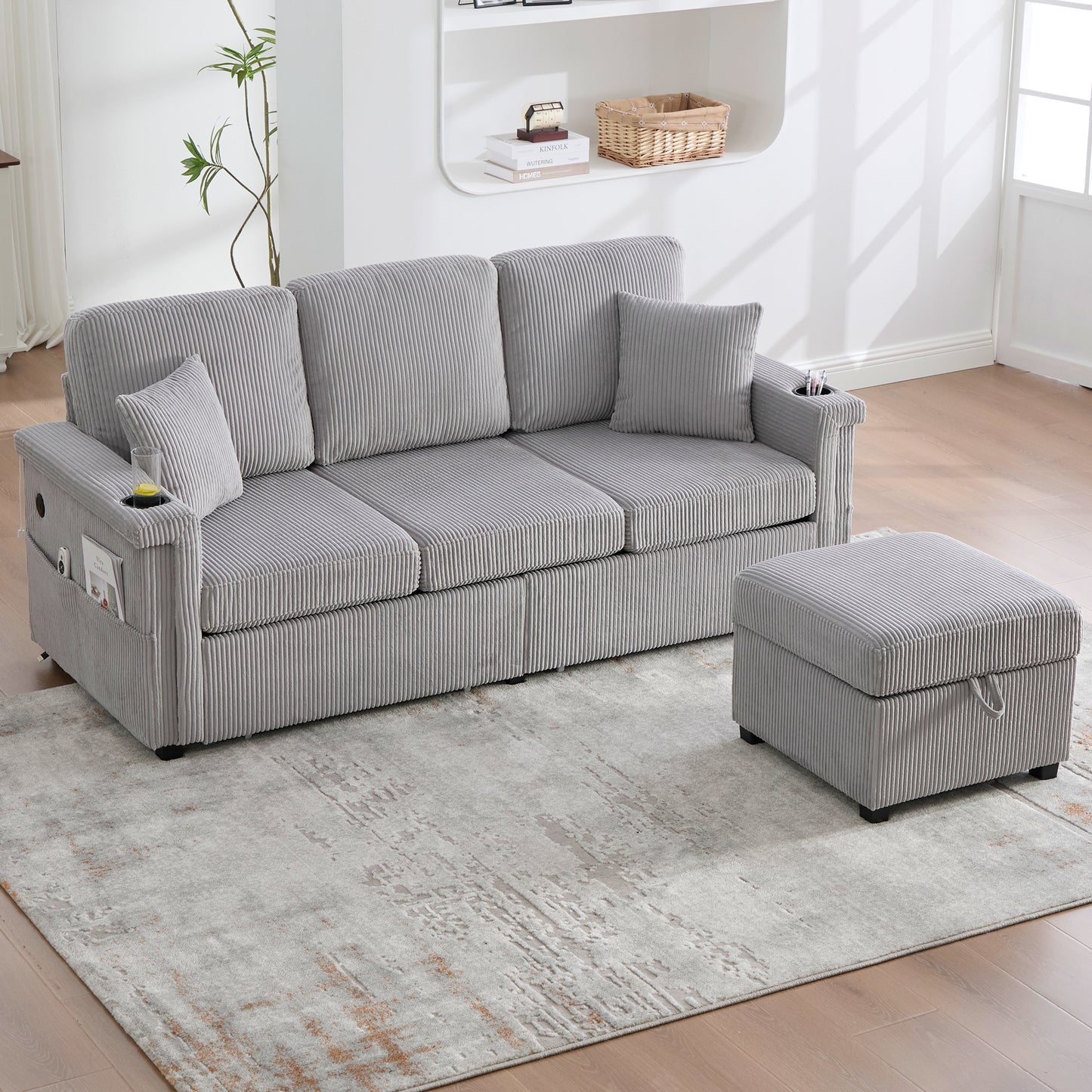 High-quality Velvet Sofa With LED Lighting & USB-C Port, Including Storage Footboard, Practical Cup Holders And Side Pockets  Premium Quality For The Living Room, Bedroom Or Office. Light Grey