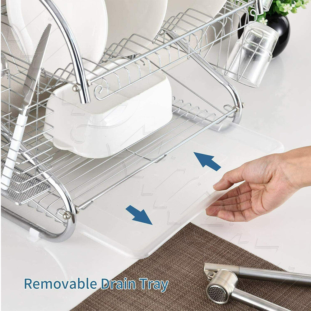 2 Tier Dish Drying Rack Drainer Cup Plate Holder Cutlery Tray Kitchen Organizer