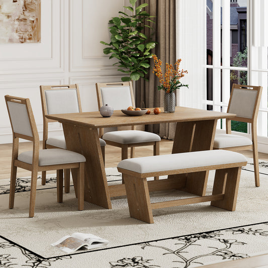 TREXM 6-Piece Retro Dining Table Set For 6  60 Wood Kitchen Table And Chairs Set Of 4 With Bench Designed Trestle Base For Kitchen & Dining Room  Natural Wood Wash