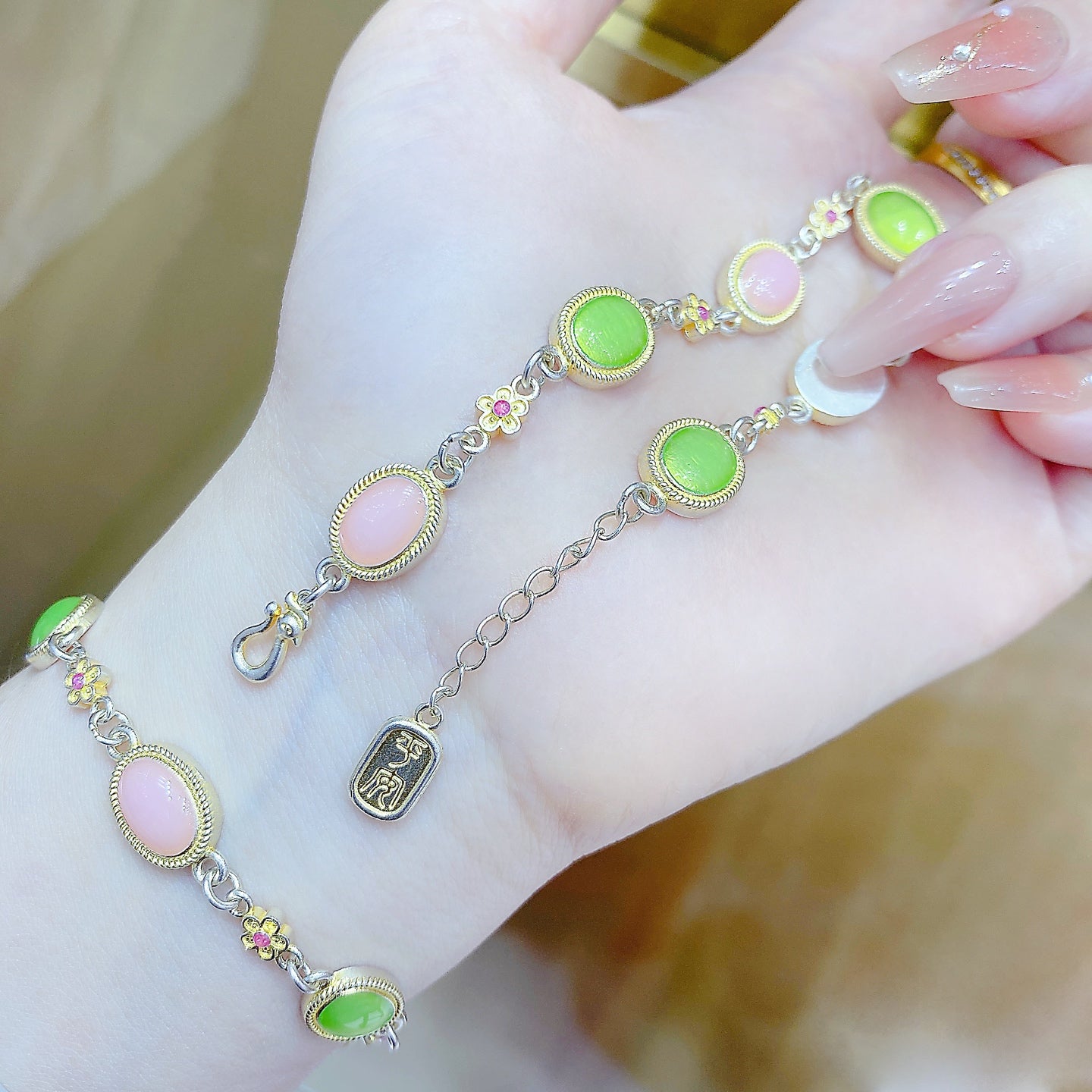 1pcs 999.9 Sterling Silver Gold-Plated Enamel Stone Bracelet, Luxury Retro Style, Ideal For Birthdays & Holiday Gifts