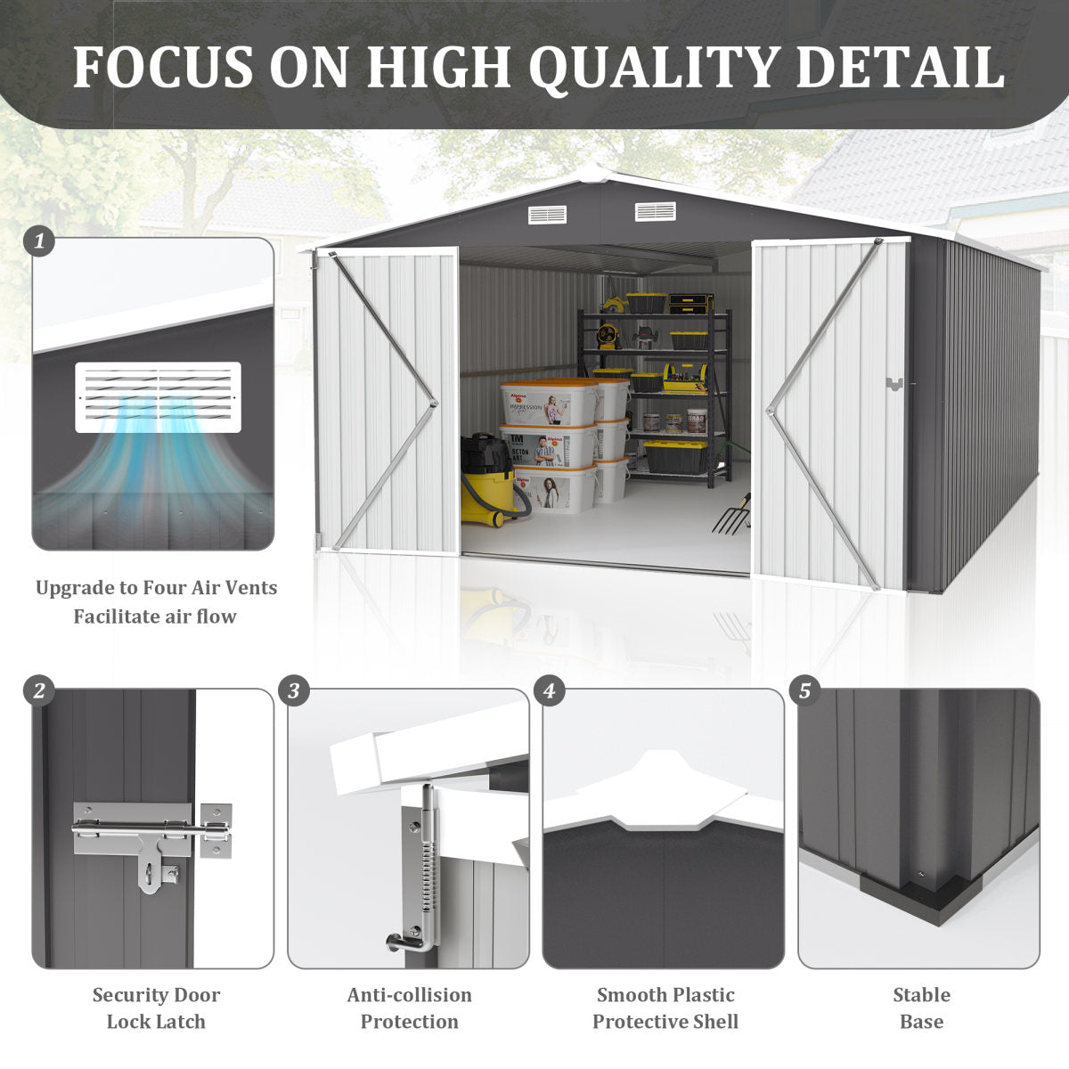 Campcraft  Outdoor Storage Shed 10x14 FT With 3 Lockable Doors,4 Air Vents & Sloped Roof,Utility Tool Shed Metal Storage Garden Sheds  Frame And 4 Vents,for Backyard,Patio,Lawn,dark Grey