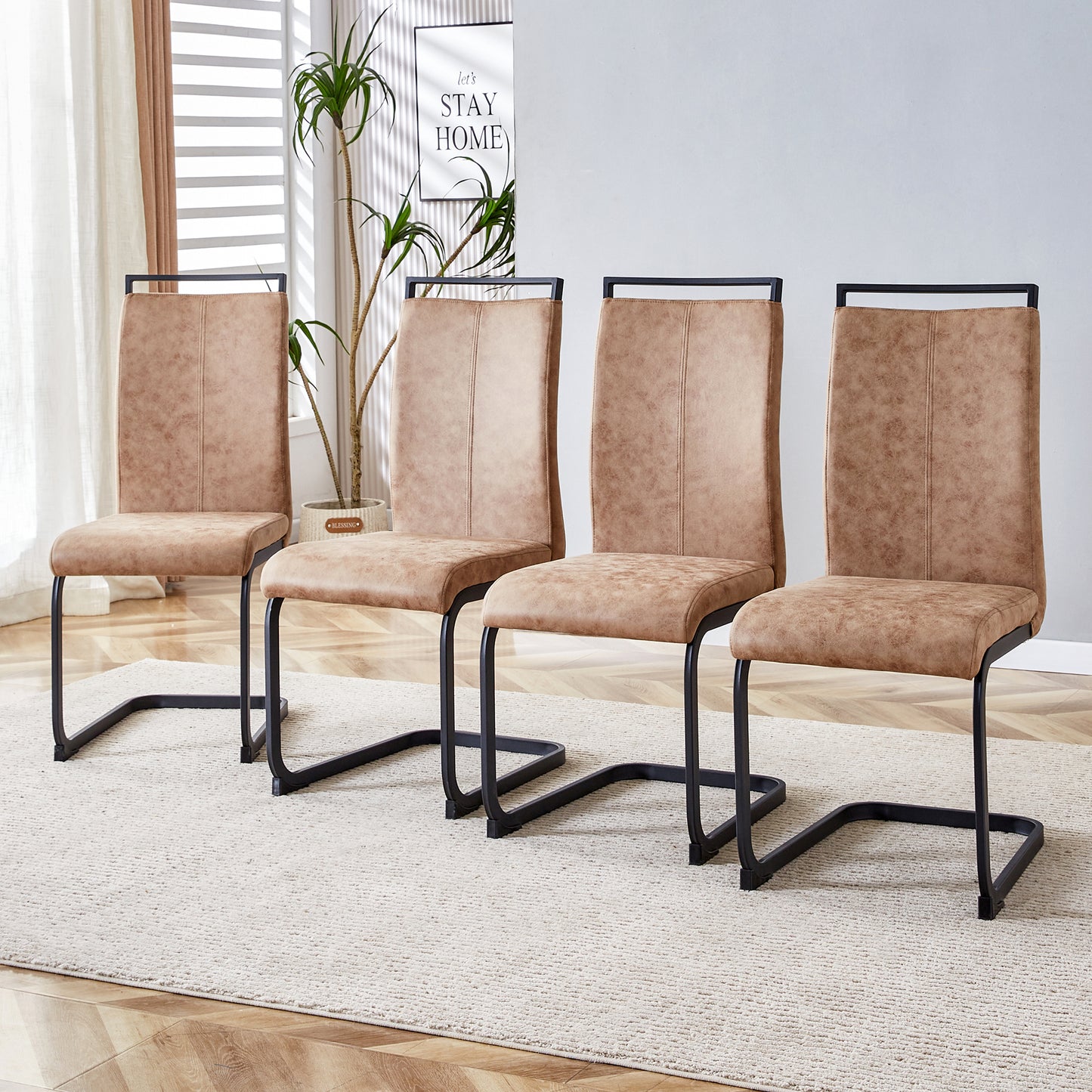 Modern Dining Chairs, Technology Cloth High Back Upholstered Side Chair With C-shaped Tube Black Metal Legs For Dining Room Kitchen Vanity  Club Guest Office Chair  Set Of 4 Brown 1162