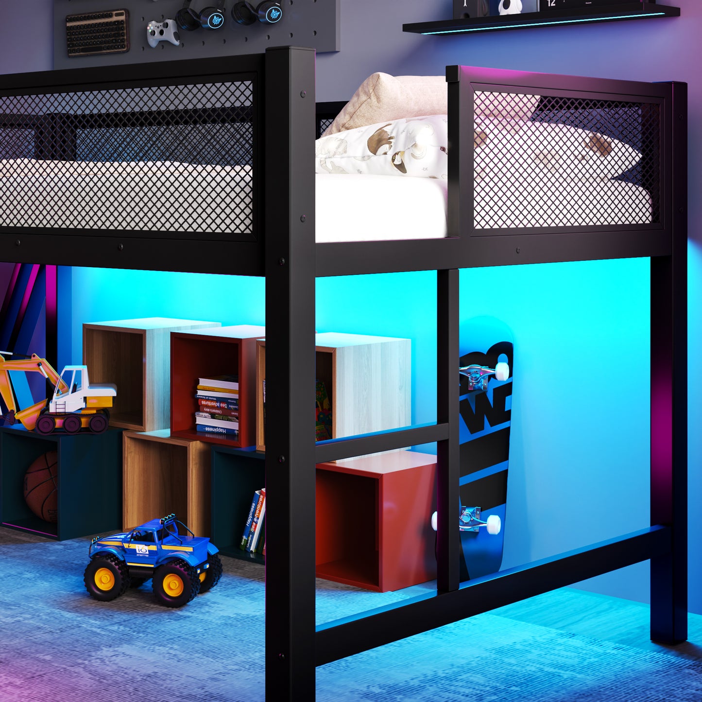 Full Size Gaming Loft Bed With Desk Of X-shaped Leg ,LED Lights, USB Ports, Staircase & Mesh Guardrail - Black Metal Frame, Space-Saving Elevated Bed For Dorms, Bedrooms, & Gaming Setups