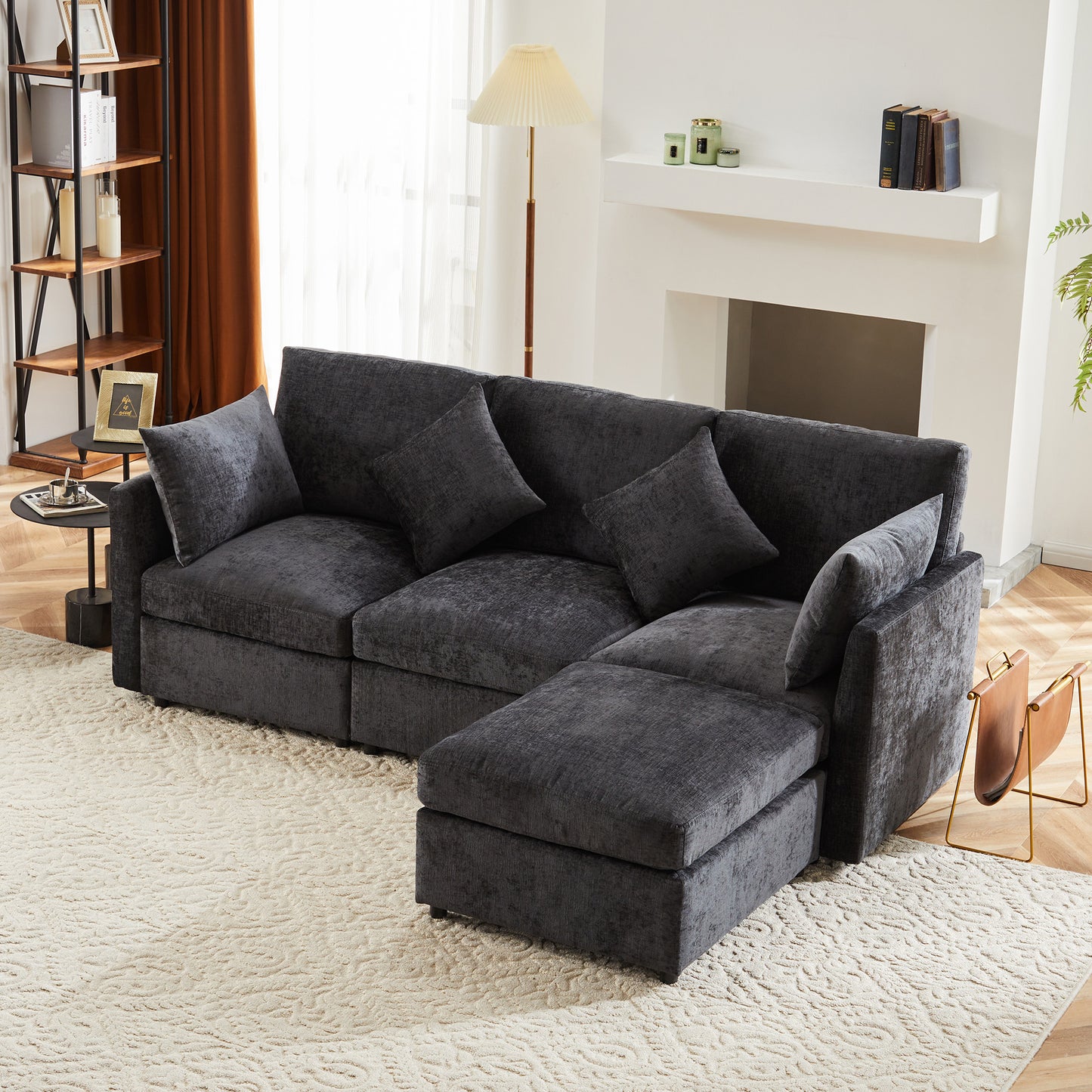 L-shaped Corner Sofa, Convertible To 3-seater, Modular Design, With Movable Stool And 4 Chenille Cushions, Ideal For Living Room, Apartment And Office, Gray, With Video