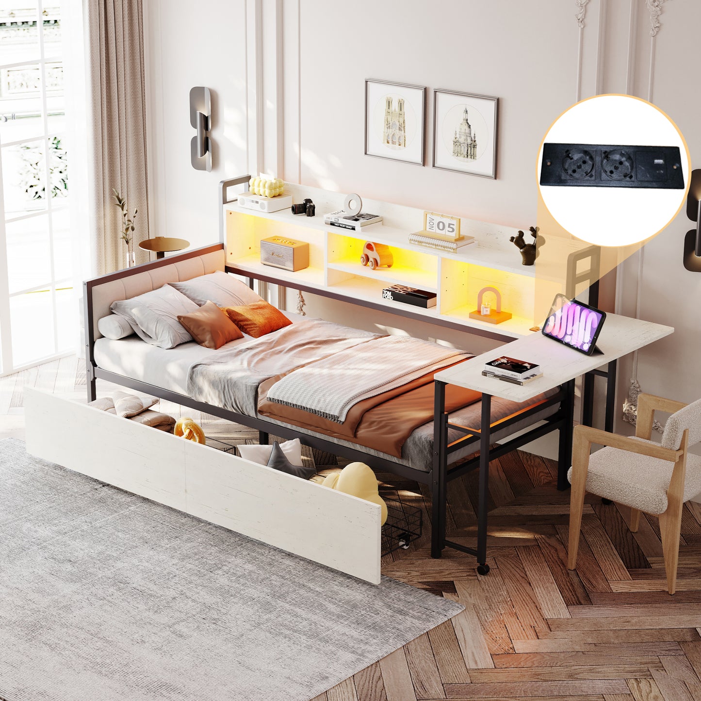 Iron Sofa Bed 90 X 200 Cm, With LED Lighting And Storage Space, With Drawers And Multifunctional Socket, Fold-out Desk, Soft Backrest, Single Bed, White