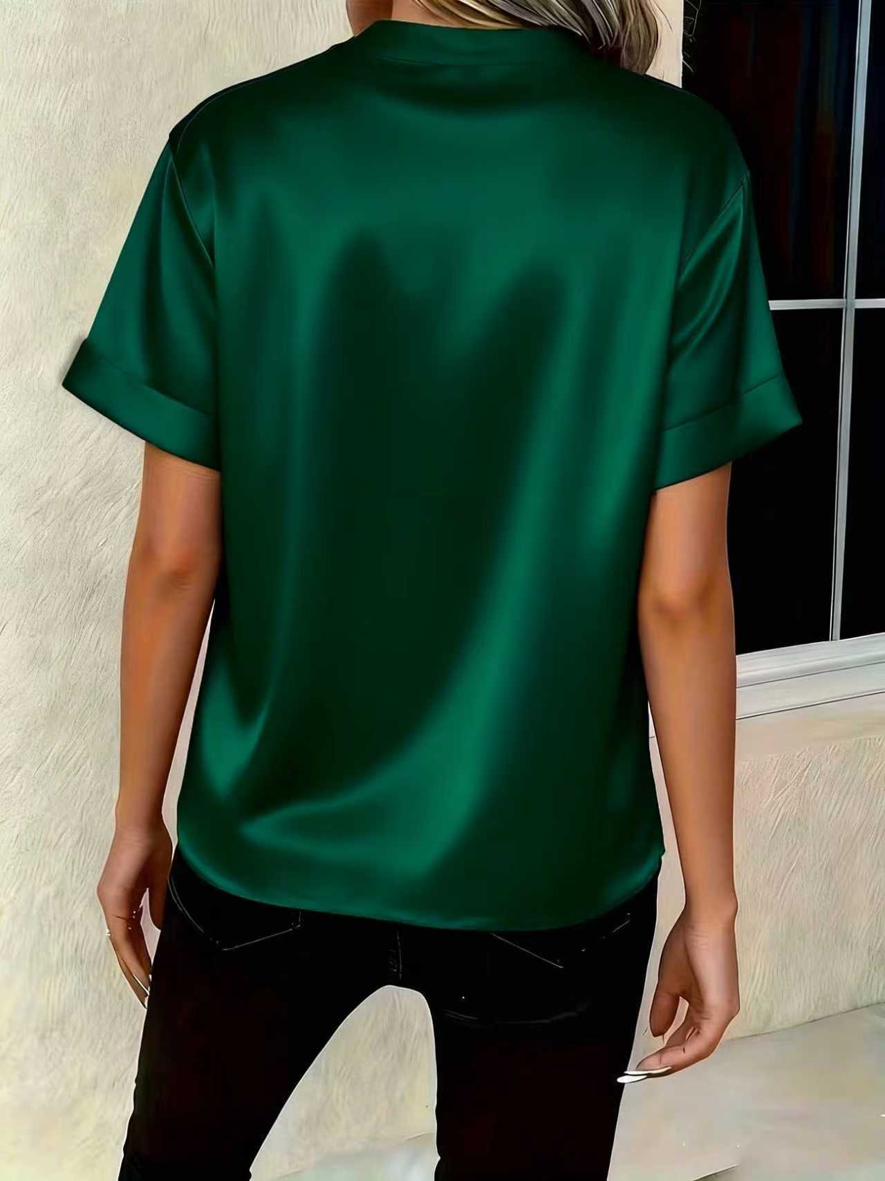 Women's Satin V-Neck Short Sleeve Blouse - Elegant Stand Collar Office Wear Top, Multiple Colors Available