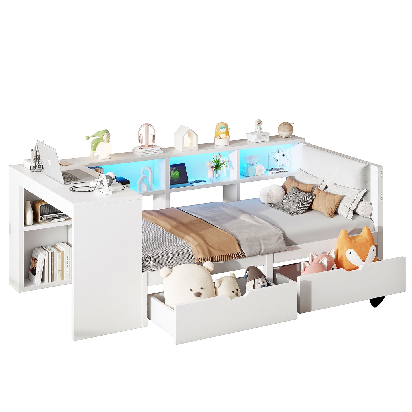 90x200 Wooden Platform Bed With Shelves, Drawers, Charging Station And Upholstered Headboard, With Colorful LED Lights, White
