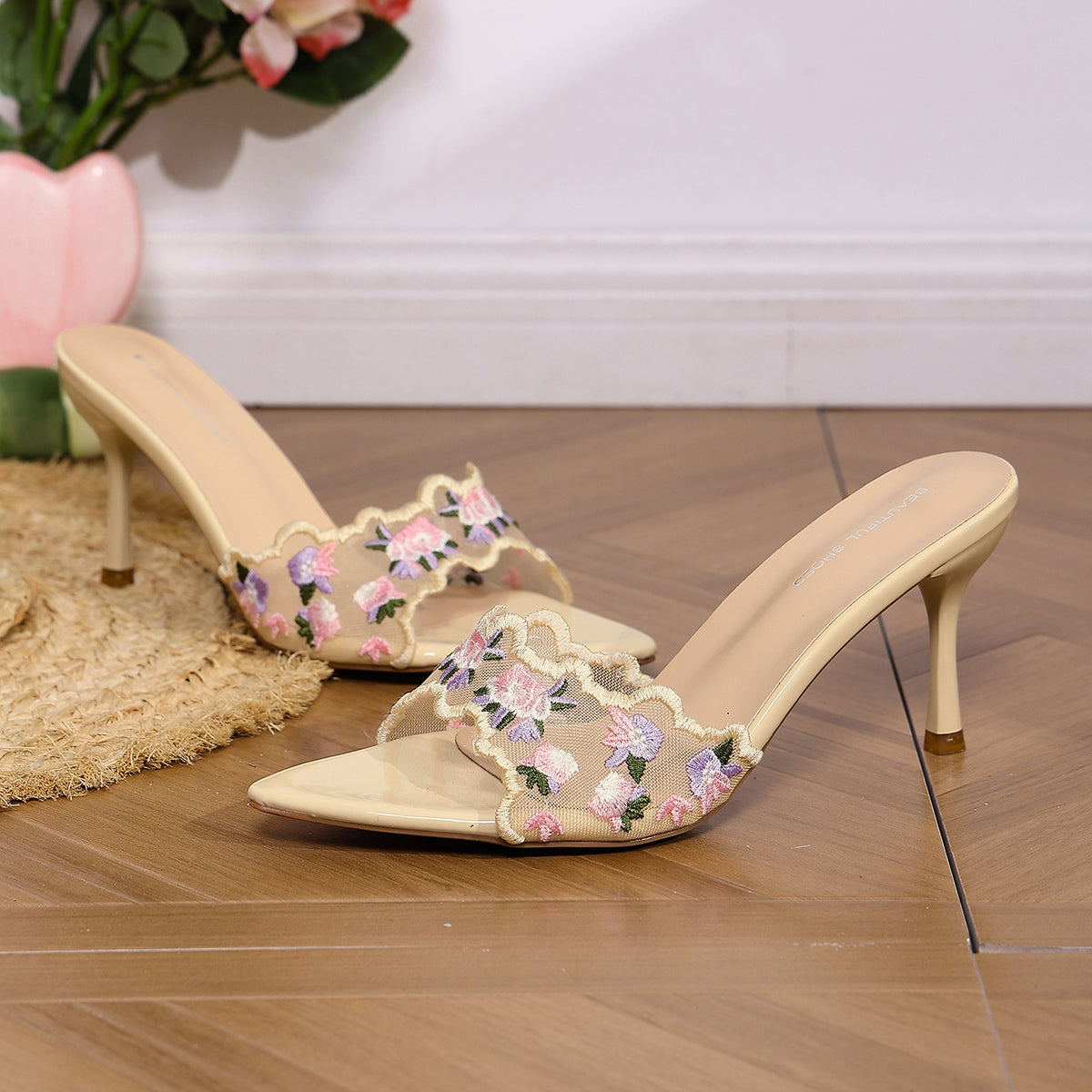 2026 Summer New European & American Style Women's Mesh Embroidery Peep Toe Thin Heel Slide Sandals, Fashion Open Toe High Heel Casual Slippers