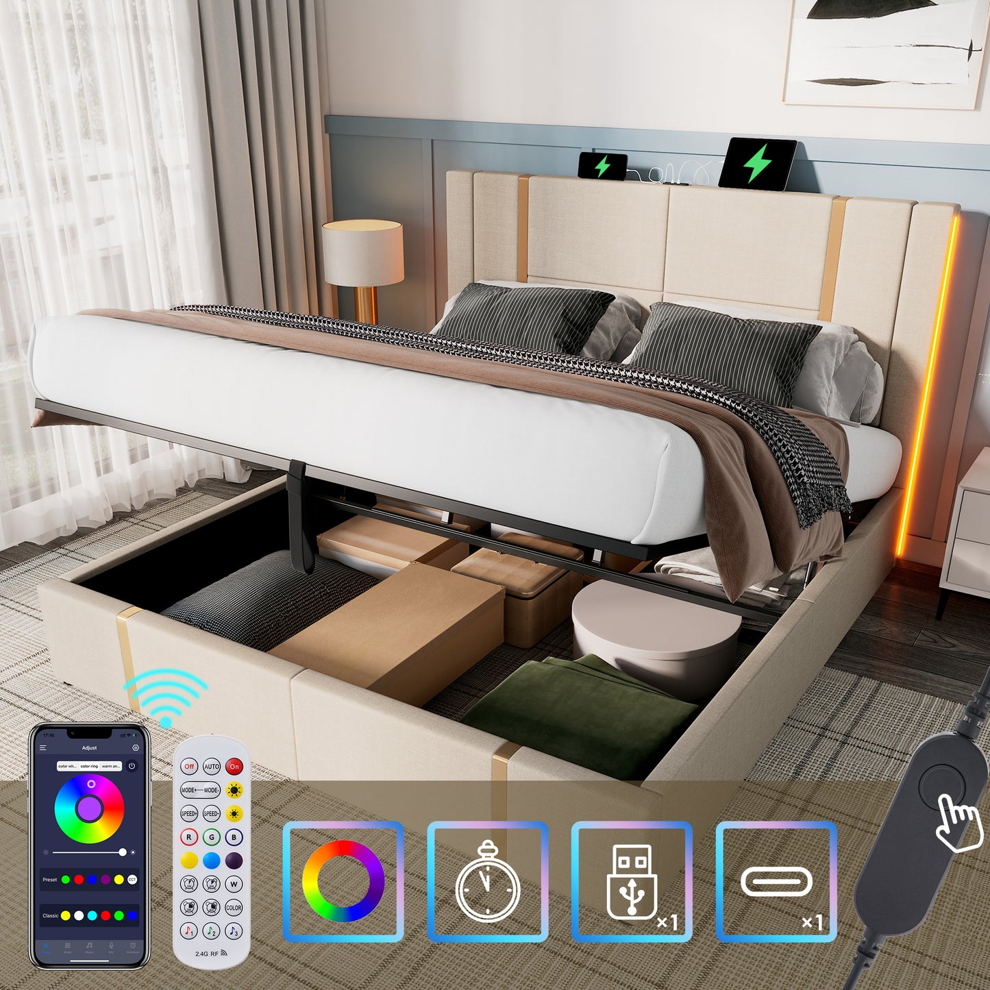 Upholstered Bed Double Bed USB Type C Charging Function APP-Control LED 180x200 Storage Beds Bed Frame, Wooden Slatted Frame, Beige Linen Material  Without Mattress