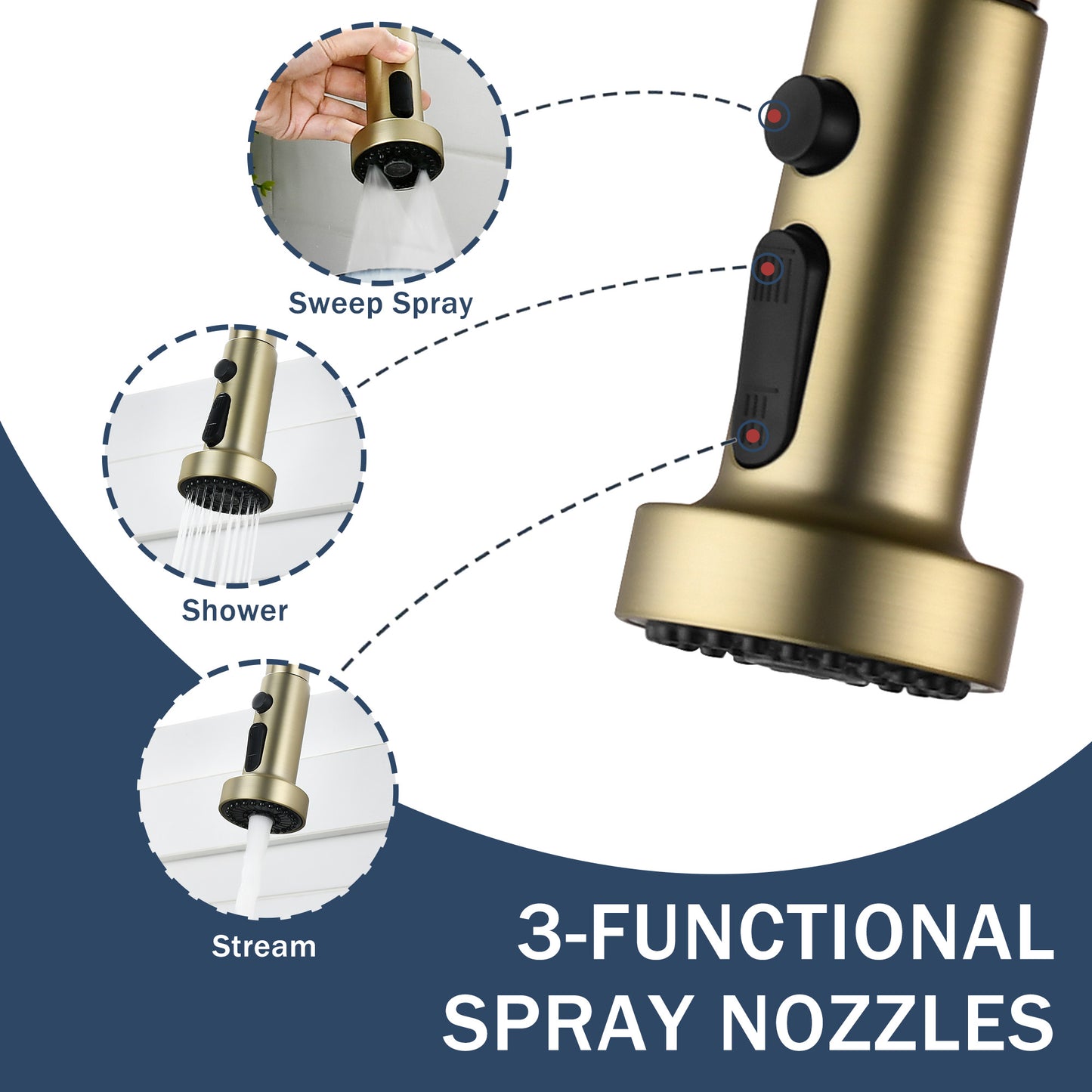 3-in-1 Kitchen Faucet With Press-Type Glass Rinser, Universal For 1 & 3 Holes, High-Arc Pull-Down Sprayer With 3 Function Spray Mode, Brushed Gold Finish