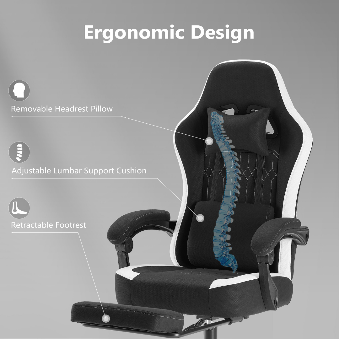 Computer Game Chair - Lumbar Support, Adjustable Height With Armrests And Headrests, 360 Rotating Wheels
