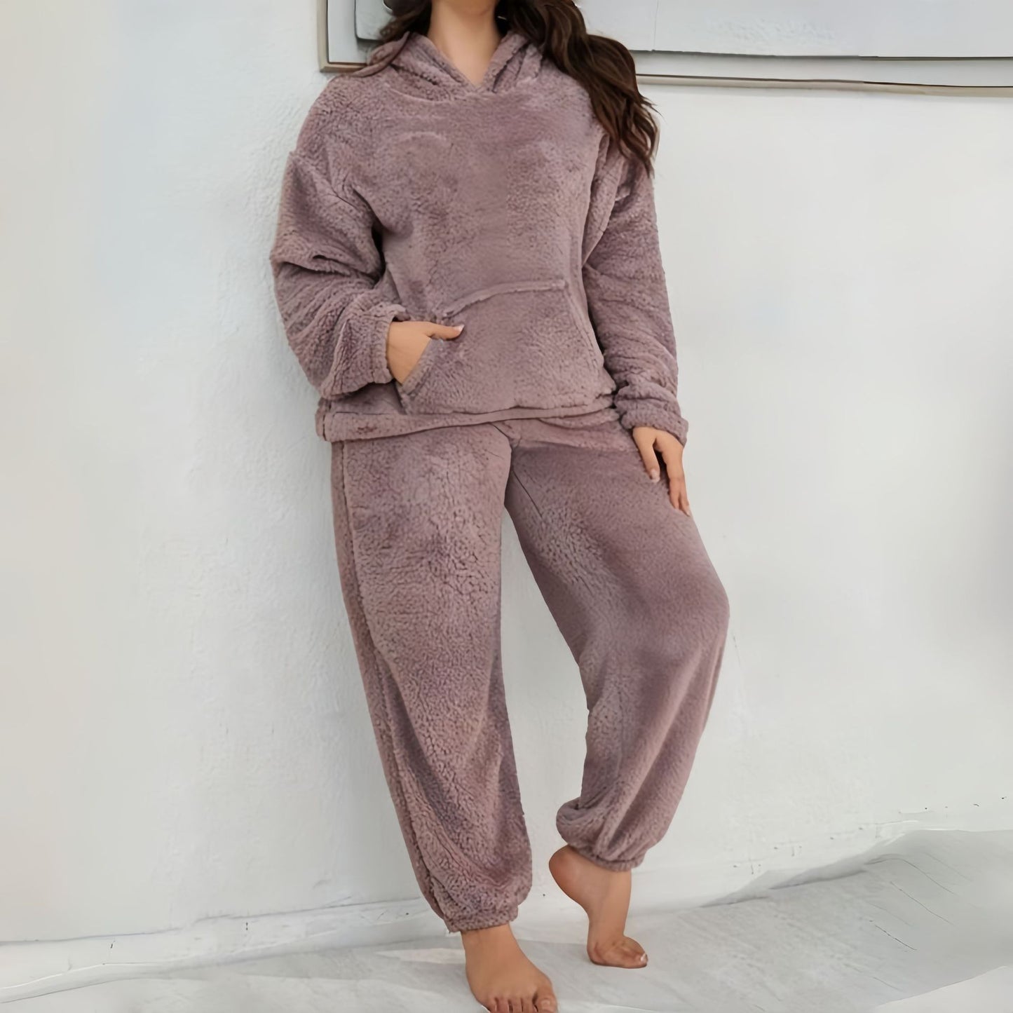 Hooded Long-sleeve Casual Pants With Patch Pockets Home Two-piece Set