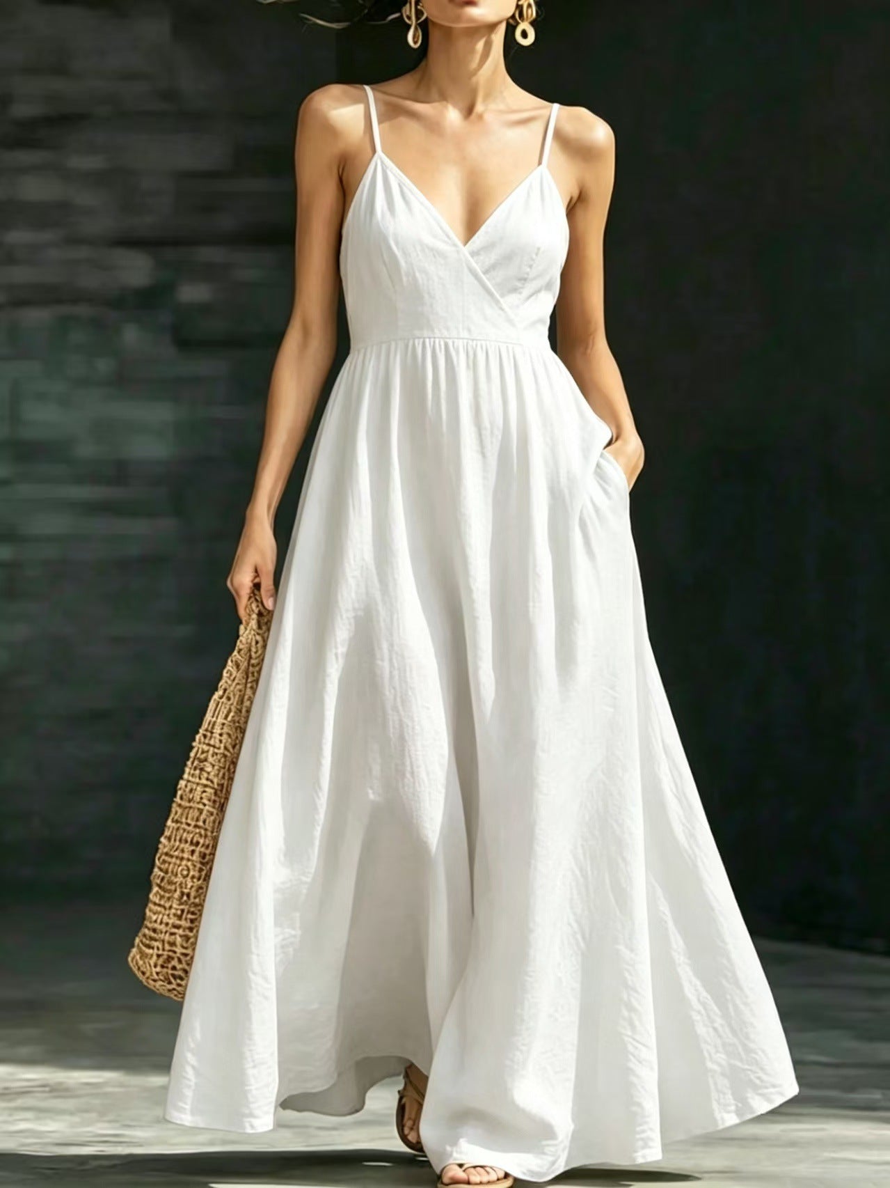 Summer V-Neck Spaghetti Strap Maxi Dress With Pockets - Elegant Vacation & Office Wear For Women