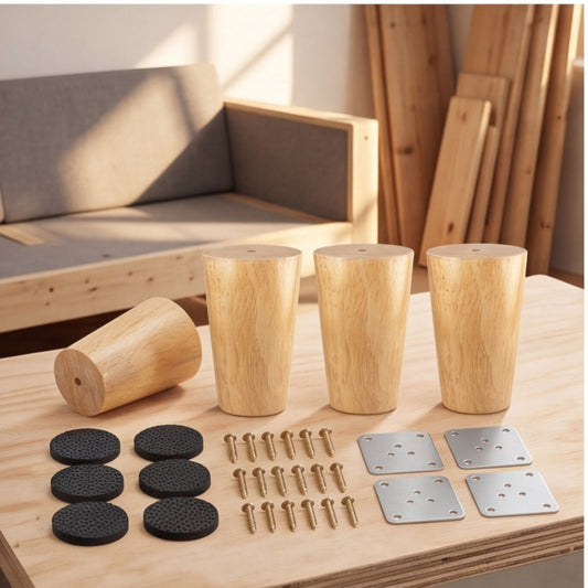 Wooden Furniture Leg Set With Installation Accessories - 4 Legs, Screws, Washers, And Metal Plates For Upgrading Furniture - Accessories For Hand Tools