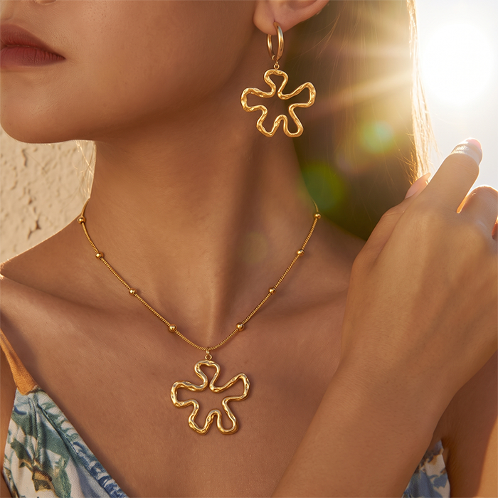 Abstract Wavy Flower Stainless Steel Jewelry Set, Gold Snake Chain Beaded Necklace & Hoop Drop Earrings, 2Pcs Hollow Floral Matching Accessory, Women Minimalist Daily Fashion Gift