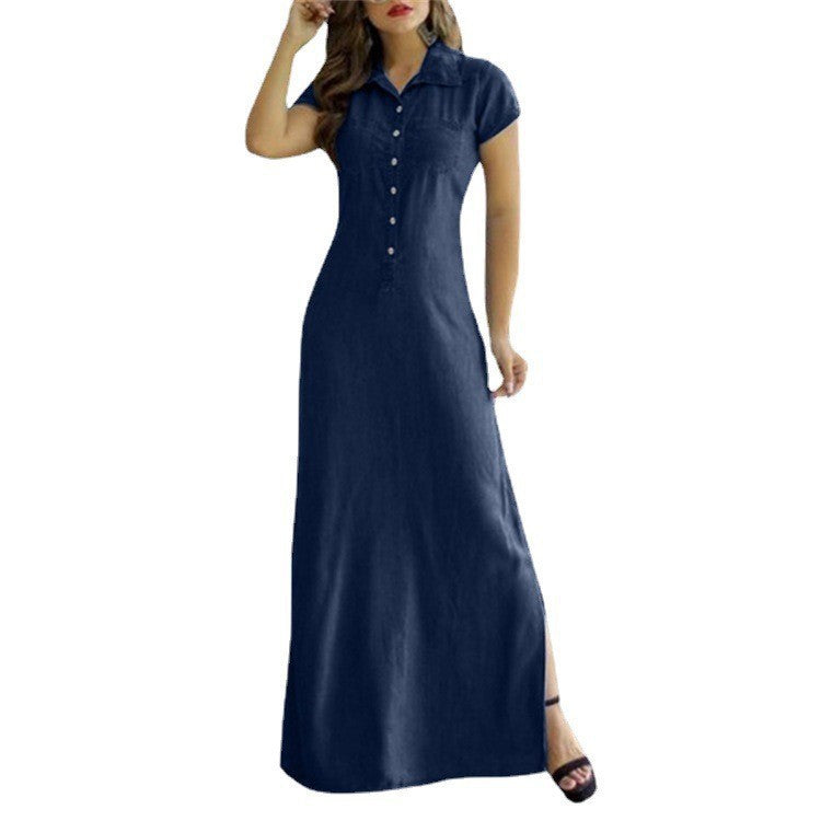 Women's Denim Look Turn Down Collar Short Sleeve Button Front Maxi Dress, Casual A-Line Long Dress For Daily & Office