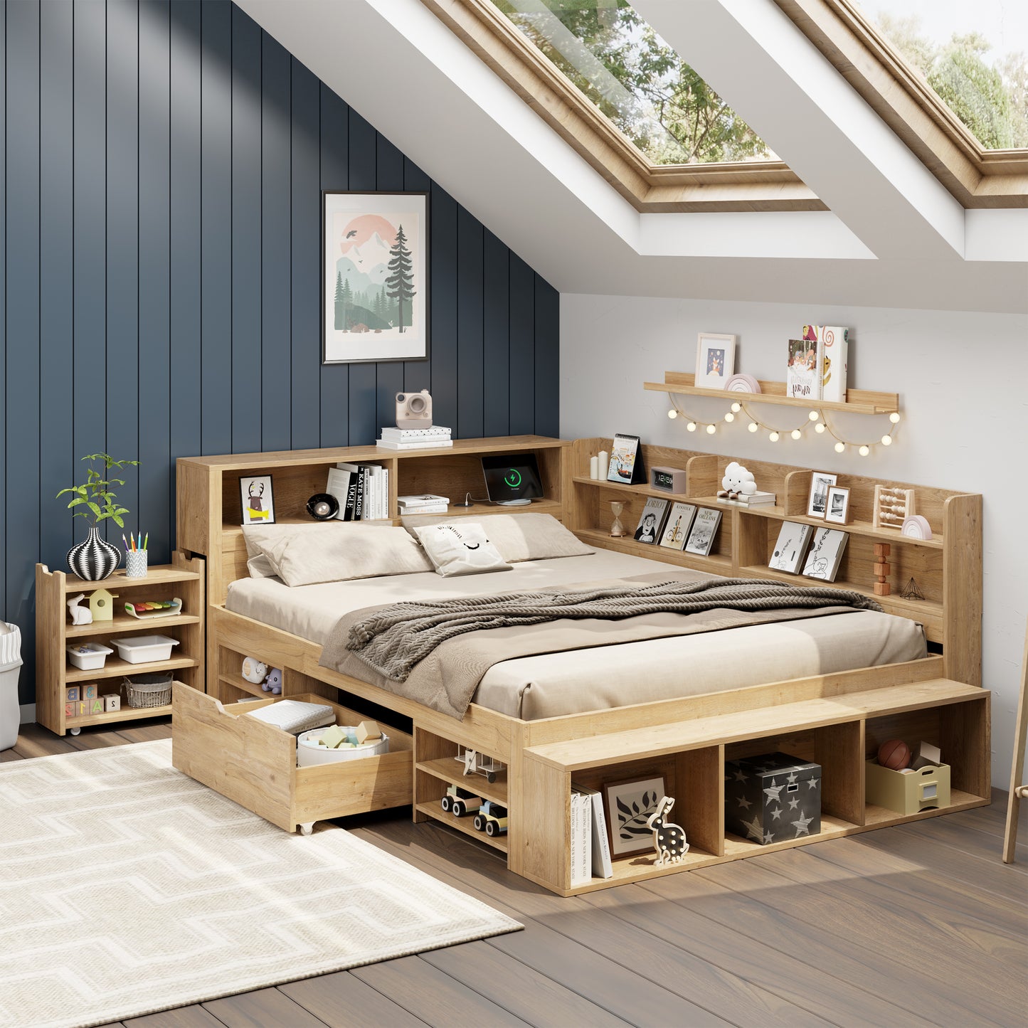 Children's Bed, Storage Bed, 140 X 200 Cm, Single Bed, Multifunctional Cot With Bedside Table, Drawers, Shelves, Storage Cupboard, With Wireless Charging, Without Mattress, Natural