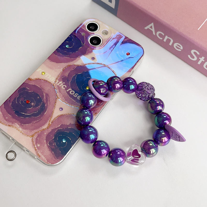 Plating Color Round Beads Handmade Beaded Purple Rose Love Hanging Mobile Phone Charm Keychain