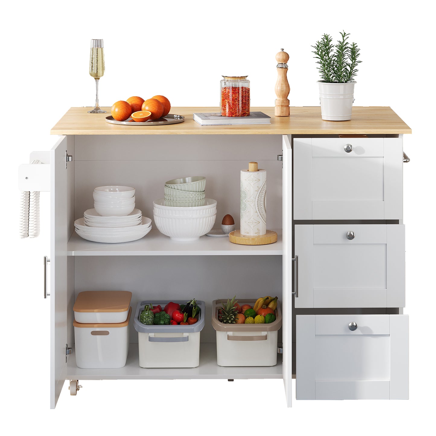 L135XW44XH90cm Large Mobile Kitchen Table, Oak Countertop, Folding Design, Multifunctional Cabinet, 3 Drawers, Towel Rail, Suitable For Kitchen, Dining Room, Home