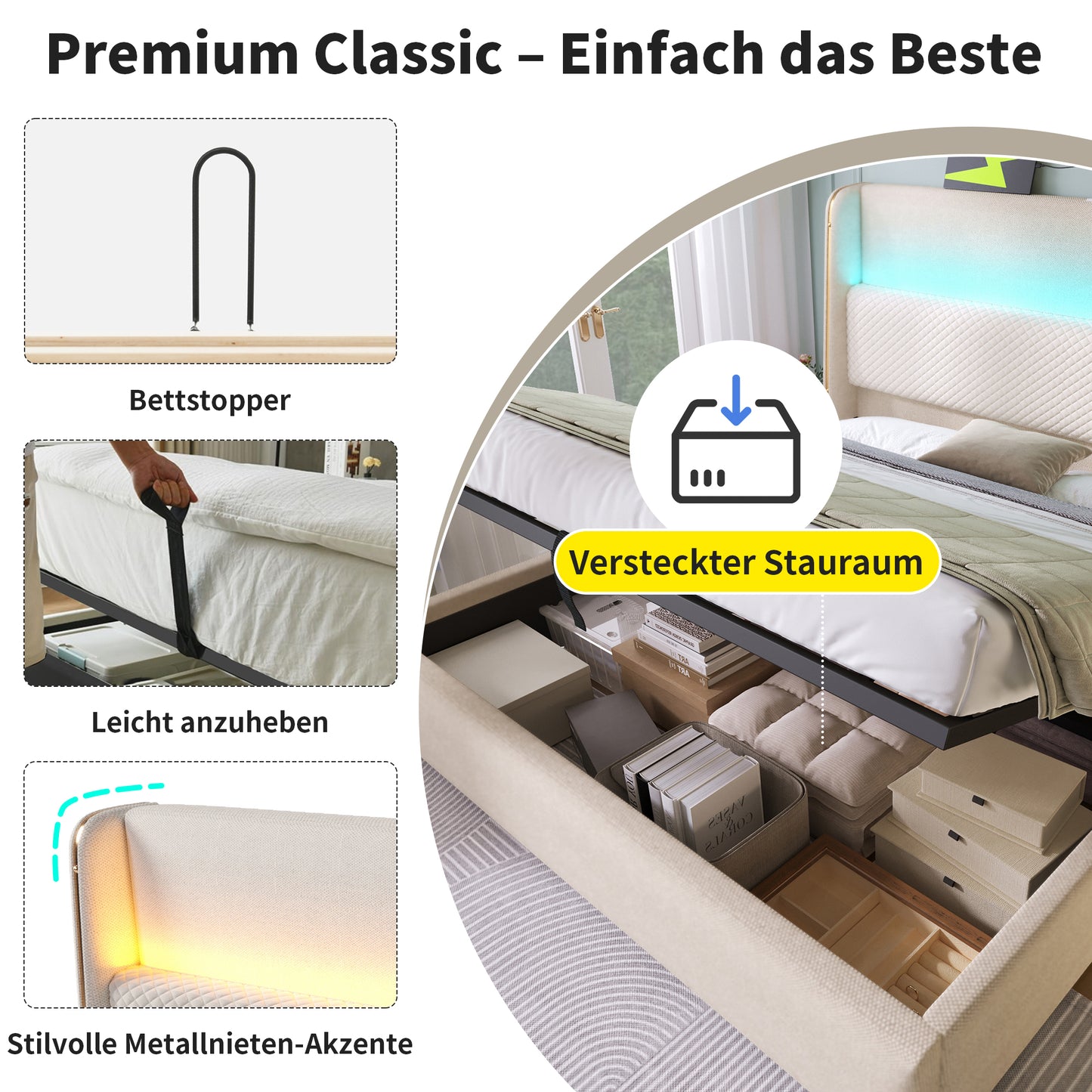 Modern Hydraulic Bed With High Headboard, 140x200cm Double Bed With LED Lighting, Storage Space & USB Type-C Ports, In Linen Look Beige Without Mattress