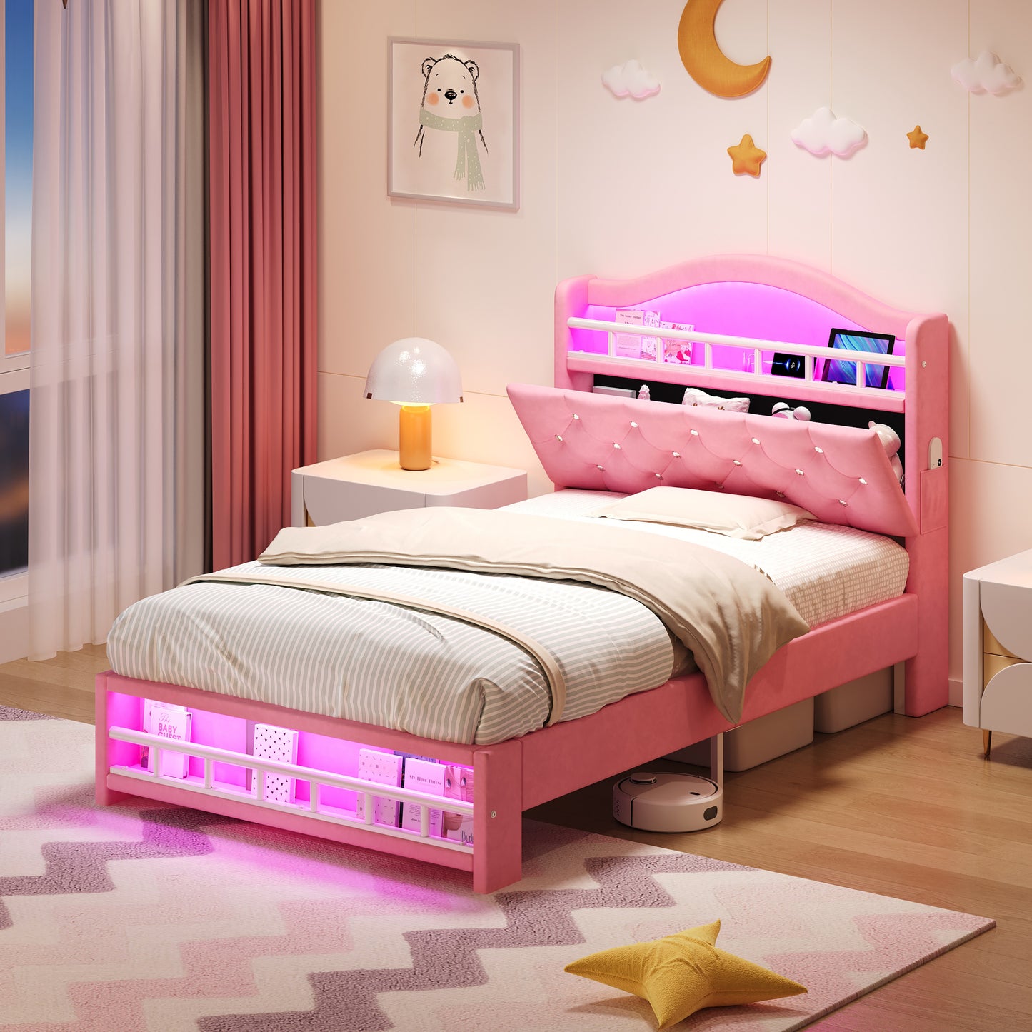 3ft Single Upholstered Velvet Bed Frame, LED Bed Frame With Charging Station & Diamond Tufted Headboard, Concealed Headboard Storage With USB And Type - C Ports, Easy Assembly, Pink No Mattress