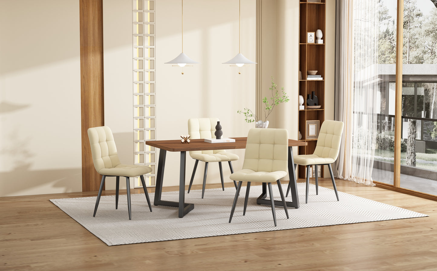 5-Piece Dining Set Table And 4 Chairs, Modern Kitchen Table Set, Kitchen Table With Wood-Grain Finish And Black Metal Legs, Walnut-Colored MDF Tabletop, Beige Velvet Dining Chairs